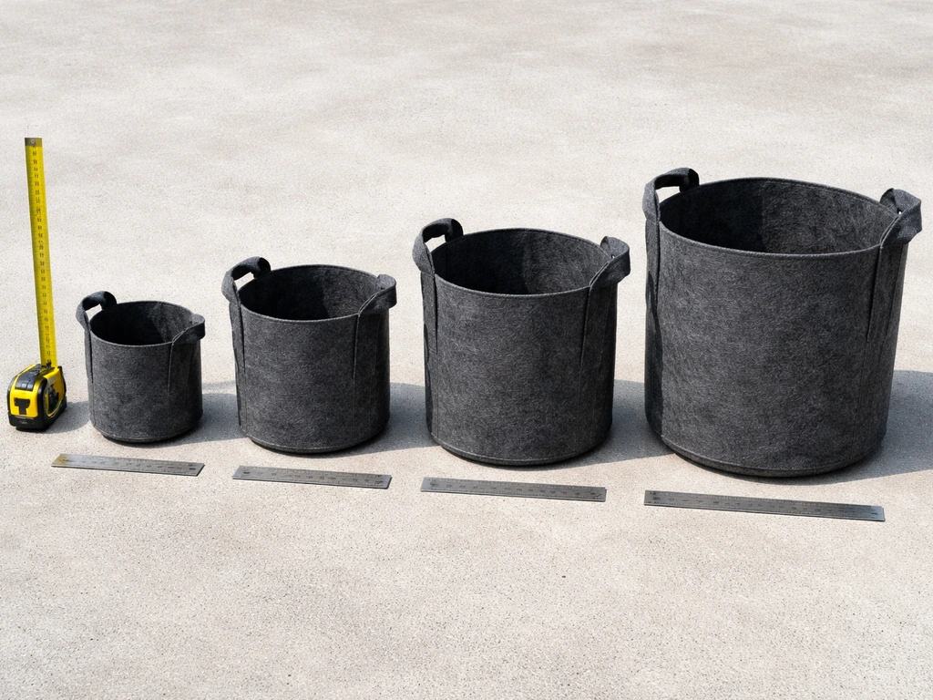 Minimal photo showing four empty plant pot pouches of different sizes with diameter and height markers on the ground
