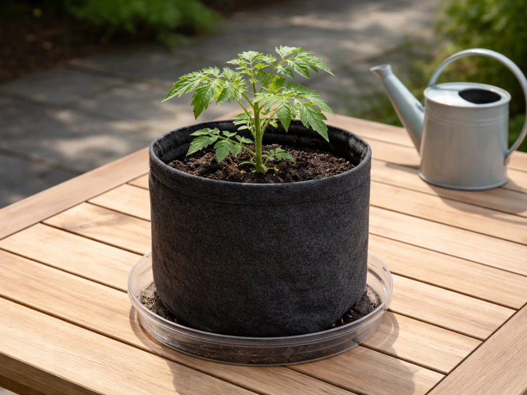Charcoal fabric grow bag on a patio table with a small tomato plant and visible drainage saucer.