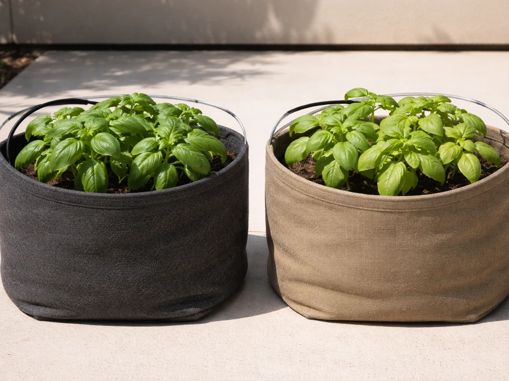 Two adjacent fabric plant containers showing nutrient washout: greener leaves on one, yellowing on the other.