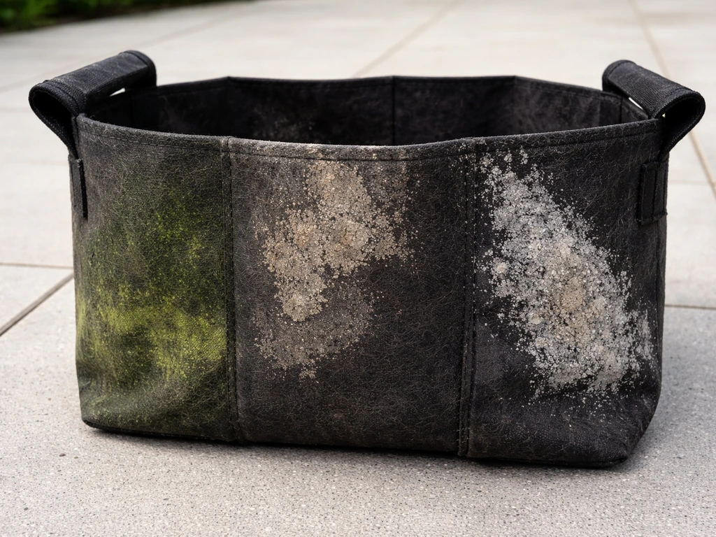 Close-up of a fabric grow bag showing green mildew stains, dry soil residue, and chalky mineral crust.