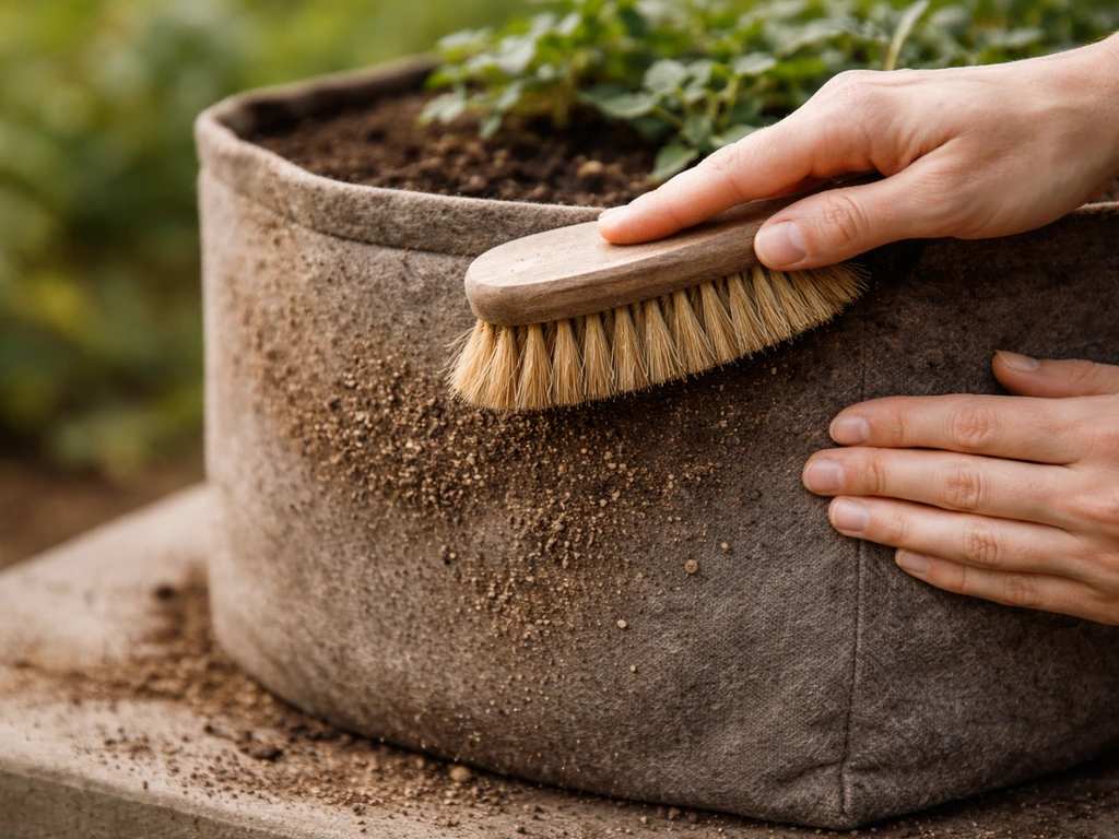 Close-up of hands dry brushing a fabric grow bag to remove loose soil and crusty deposits.