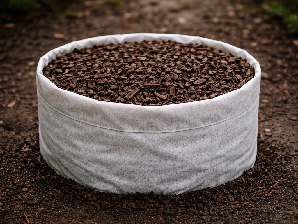 Close-up of a grow bag topped with an even layer of bark mulch hiding bare soil.