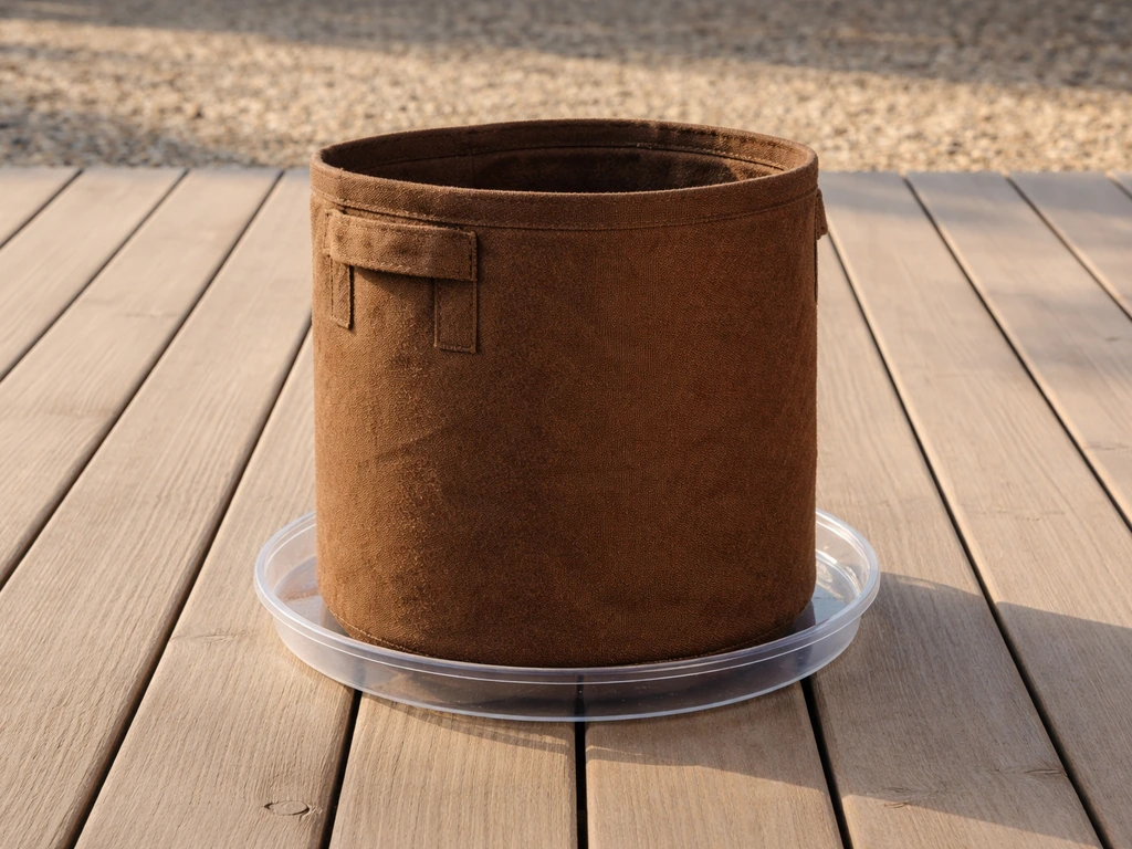 Shallow saucer under a grow bag with clean patio surface, showing controlled runoff
