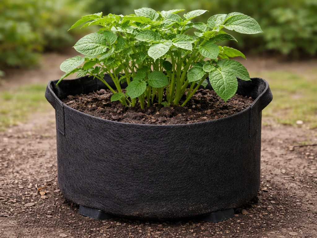 Healthy potato plant in a fabric grow bag with textured soil and visible drainage area, outdoors.