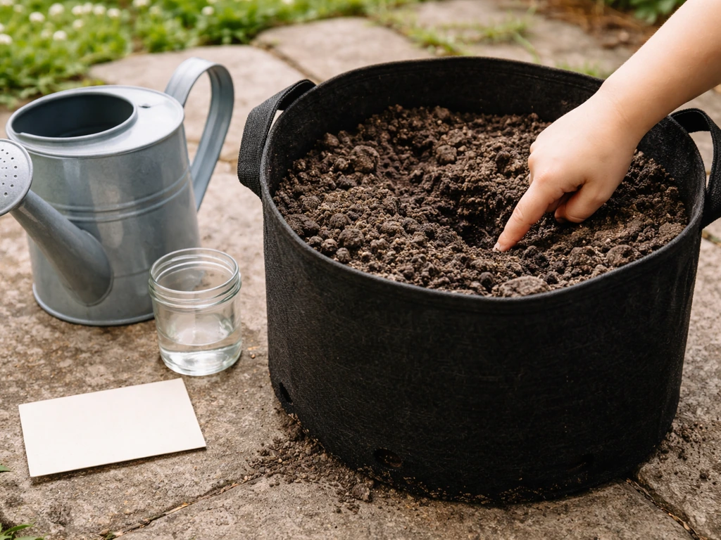 Hand checks moisture in a potato grow bag soil; watering can nearby in natural light.