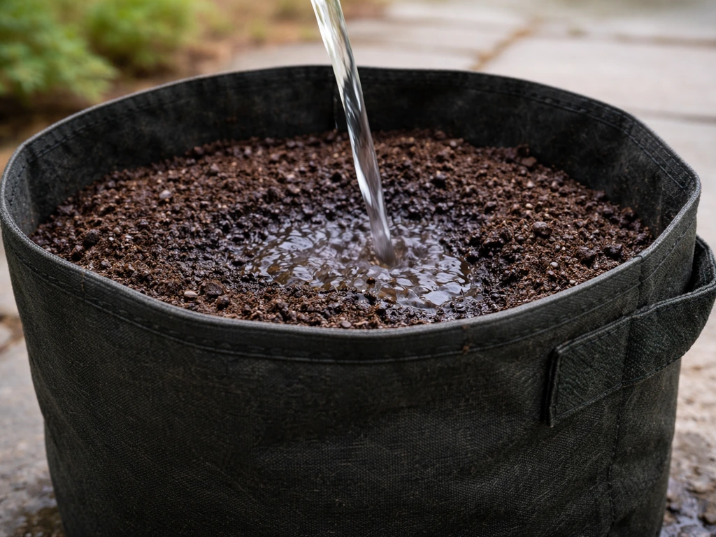 Water stream evenly soaking the soil around a potato grow bag, surface darkened but not flooded.