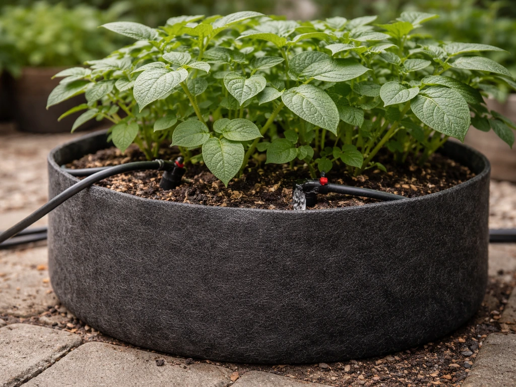Drip irrigation tubing directing water into a fabric grow bag, with soil getting wet and foliage kept dry.