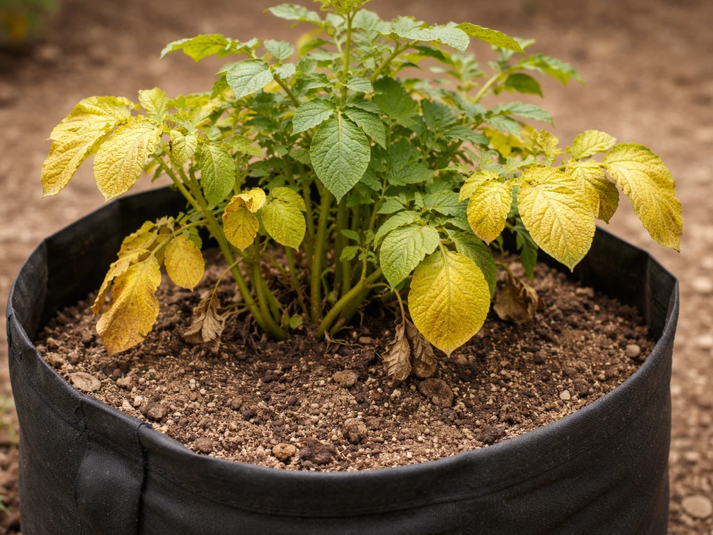 Late-season potato plant in a grow bag with yellowing leaves and slightly dry soil.