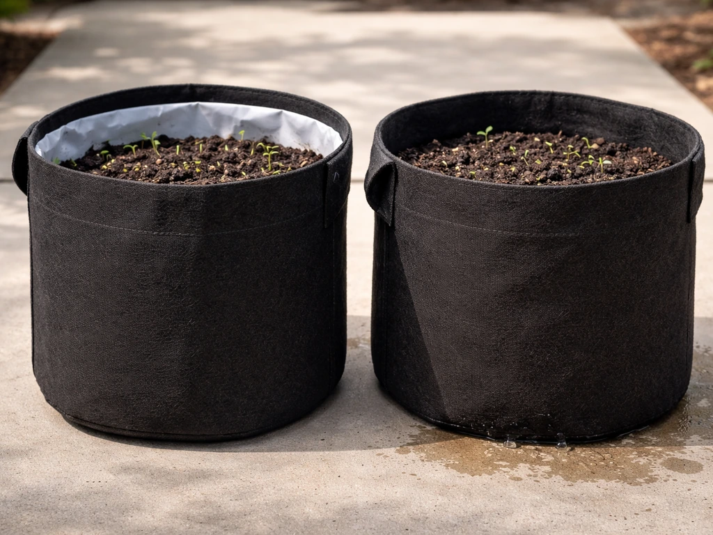 Two soil-filled fabric grow bags side by side—one lined with an inner liner visible, one unlined.
