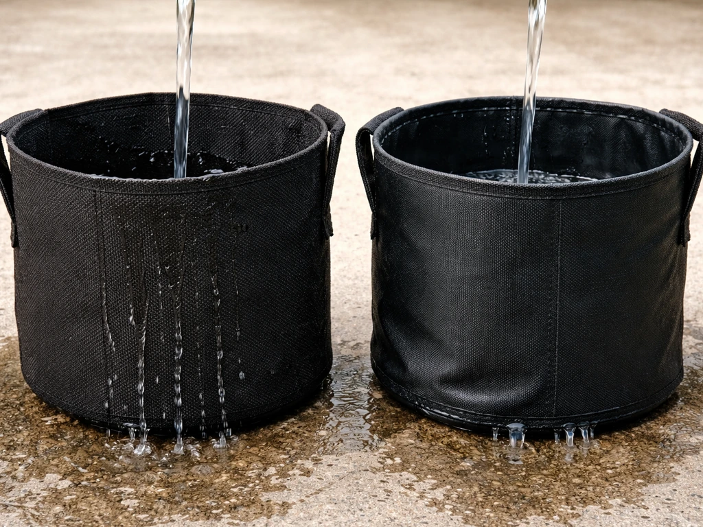 Close-up of water pouring into unlined and lined plant grow bags, showing different drainage and moisture retention.