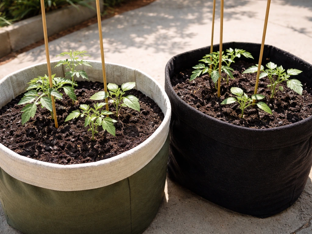 Two neighboring grow bags: lined bag shows evenly moist soil supporting healthy tomato/pepper seedlings.
