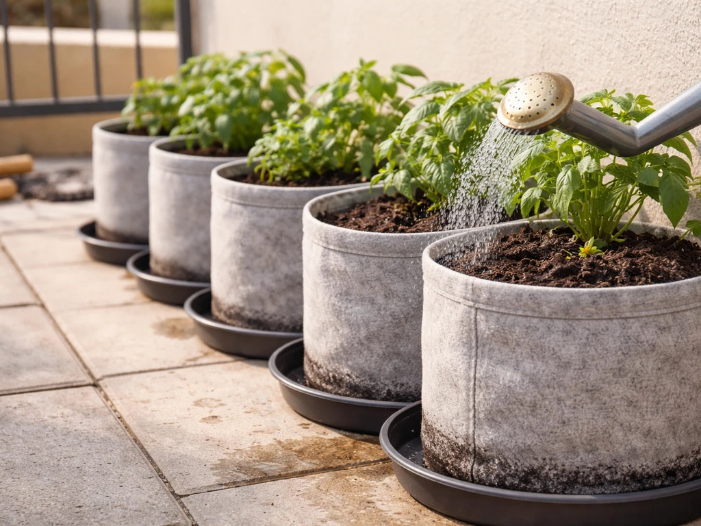 Lined grow bags in a tight arrangement on a small patio with a subtle tray under each bag