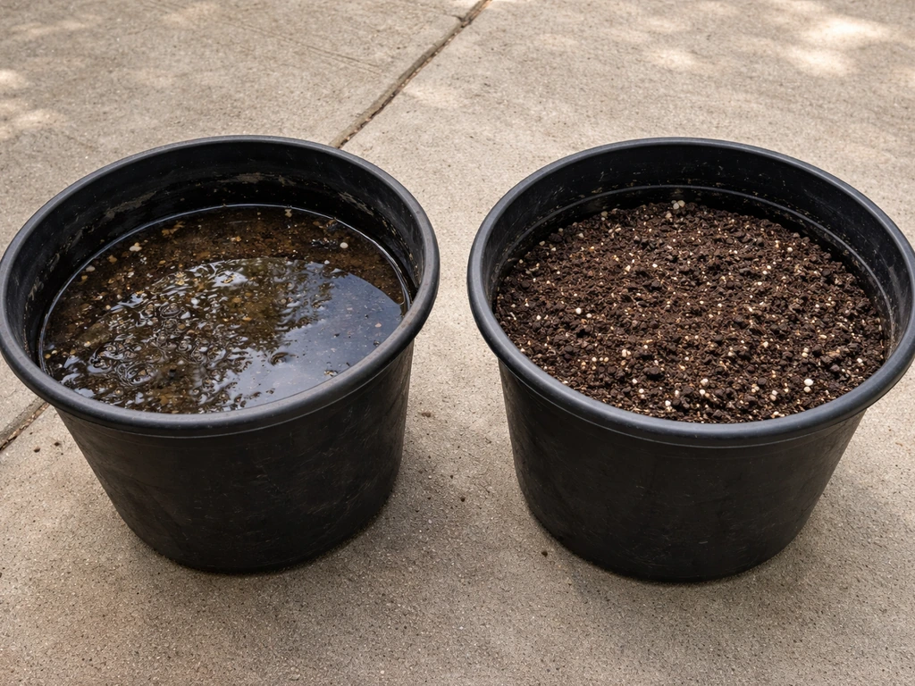 Waterlogged unlined bag in one bucket contrasted with a bucket showing improved drainage and no standing water.