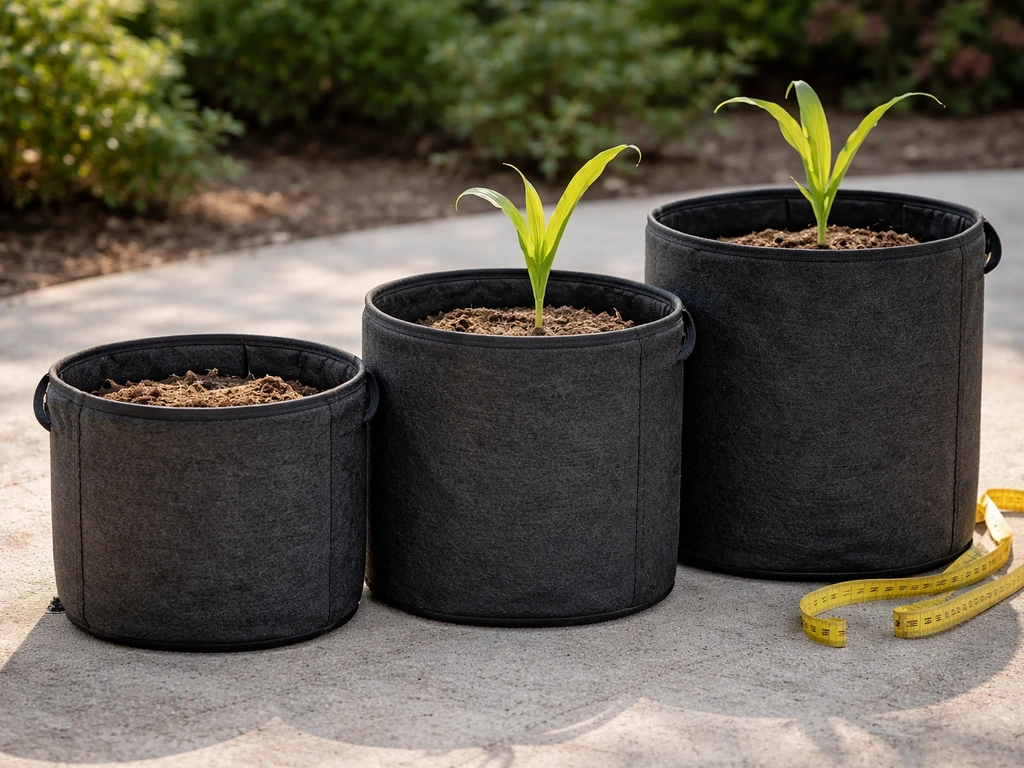 Three fabric grow bags of different heights on the ground, showing depth suited for corn roots.