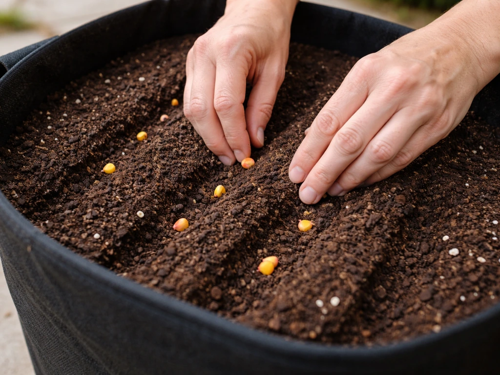 Hands placing corn seeds at correct depth in an evenly spaced pattern inside a fabric grow bag.