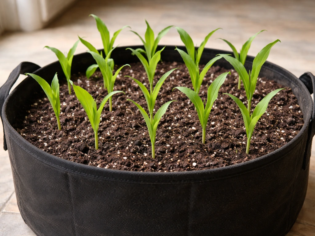 Corn seedlings planted in a tight grid inside a grow bag, showing grouped wind-pollination spacing.