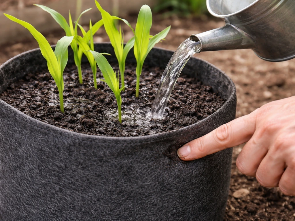 Watering a fabric grow bag of corn with a watering can; soil surface visibly damp and checked moisture texture.