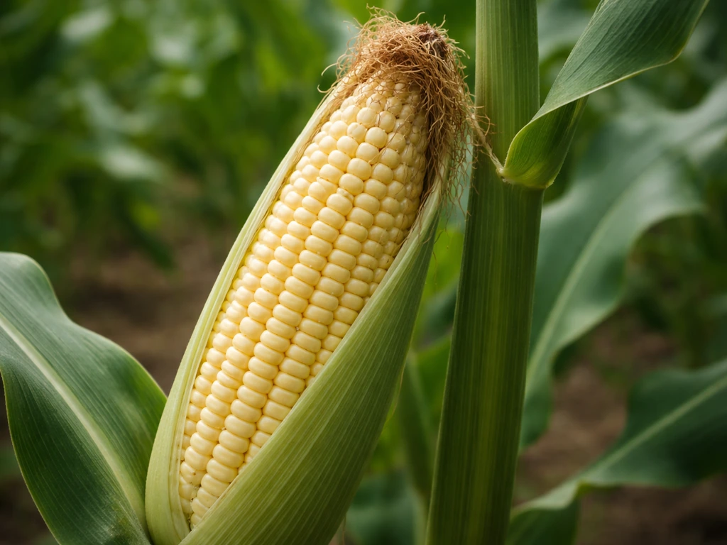 Close-up of a sweet corn ear at milk stage with brown dried silks on the stalk.