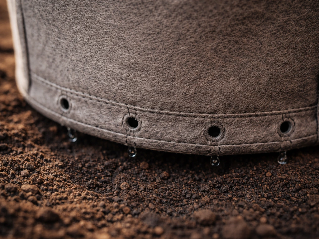 Close-up of a grow bag bottom fabric seam with drainage holes visible, showing weave and drainage check