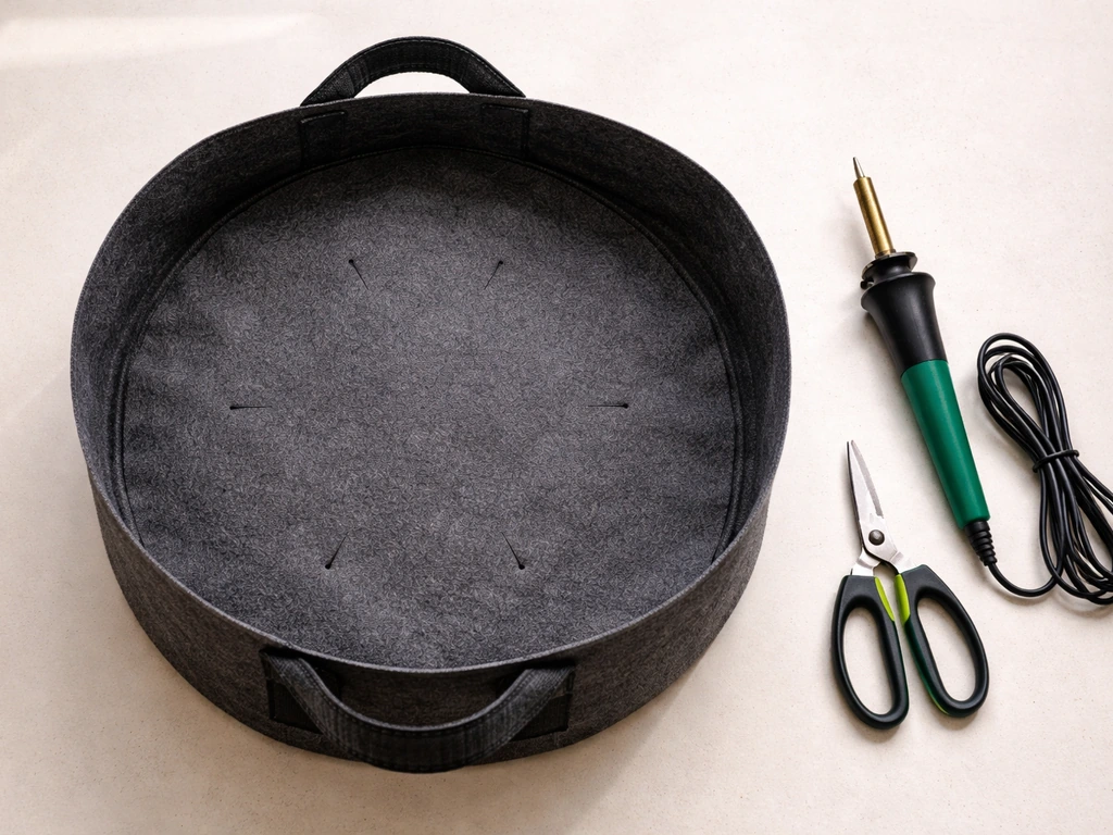 Overhead view of a grow bag bottom with marked planting hole spacing and tools nearby