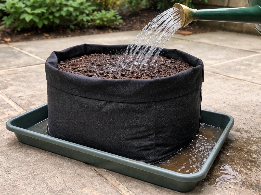 Water pouring onto a grow bag in a tray, showing runoff on a patio surface.