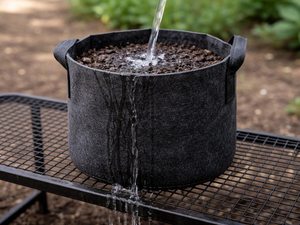 Fabric grow bag with water draining away on an elevated wire bench, no standing water.