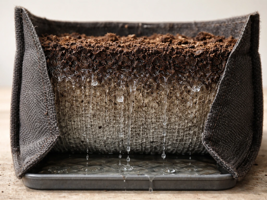 Close-up cutaway of a fabric grow bag showing damp soil, water passing through permeable fabric, and airflow.