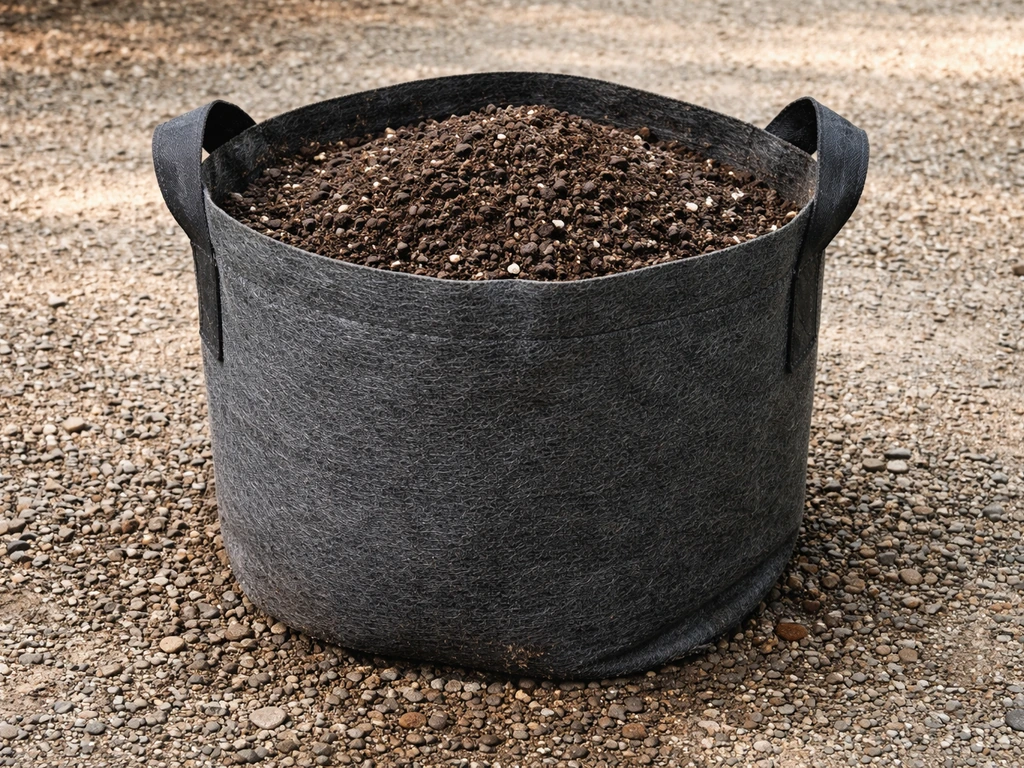 Breathable fabric grow bag on a gravel drainage surface, showing no water pooling near the base.