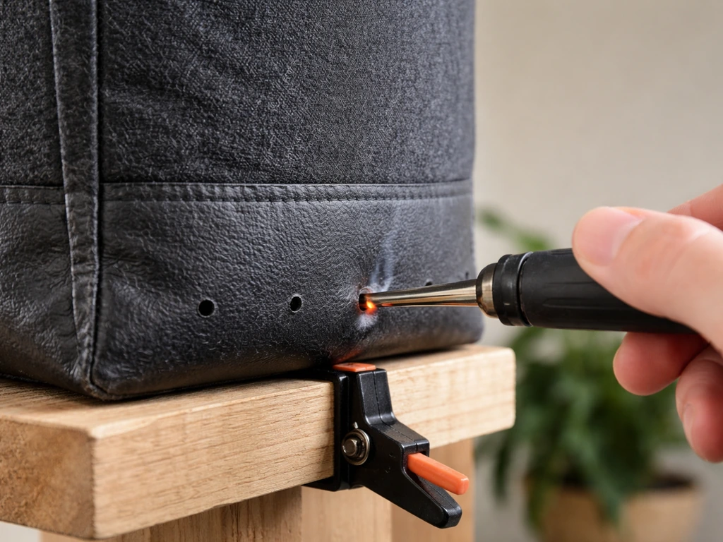 Close-up of a hot awl punching drainage holes in an elevated fabric grow bag, stabilized to prevent tearing.
