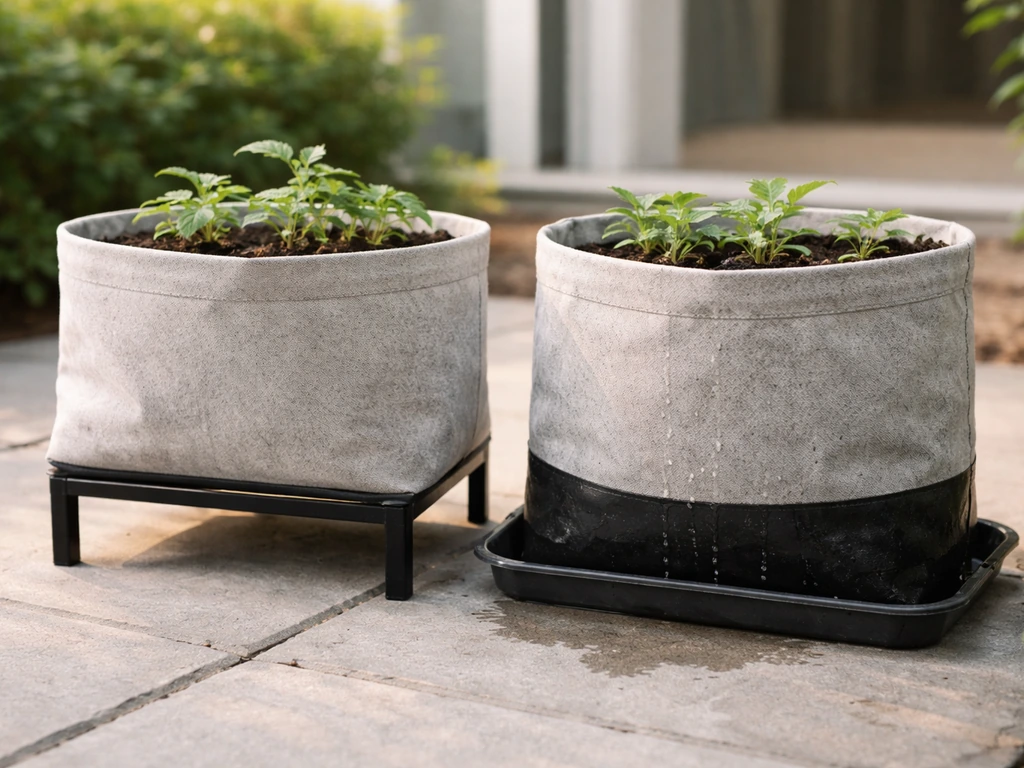 Minimal outdoor patio scene showing two anonymous fabric grow bags with different drainage setups.