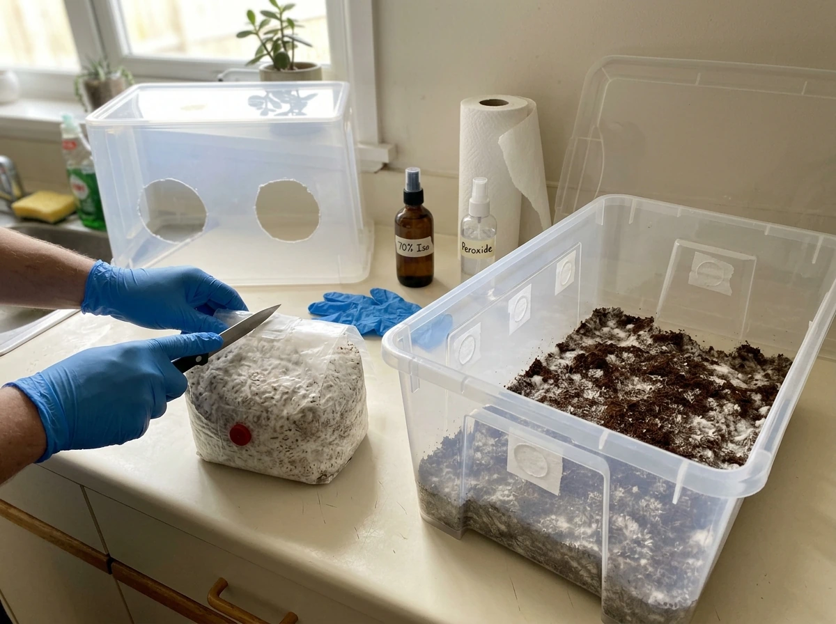 Tools and monotub transfer workflow: colonized grow bag moved into a fruiting monotub