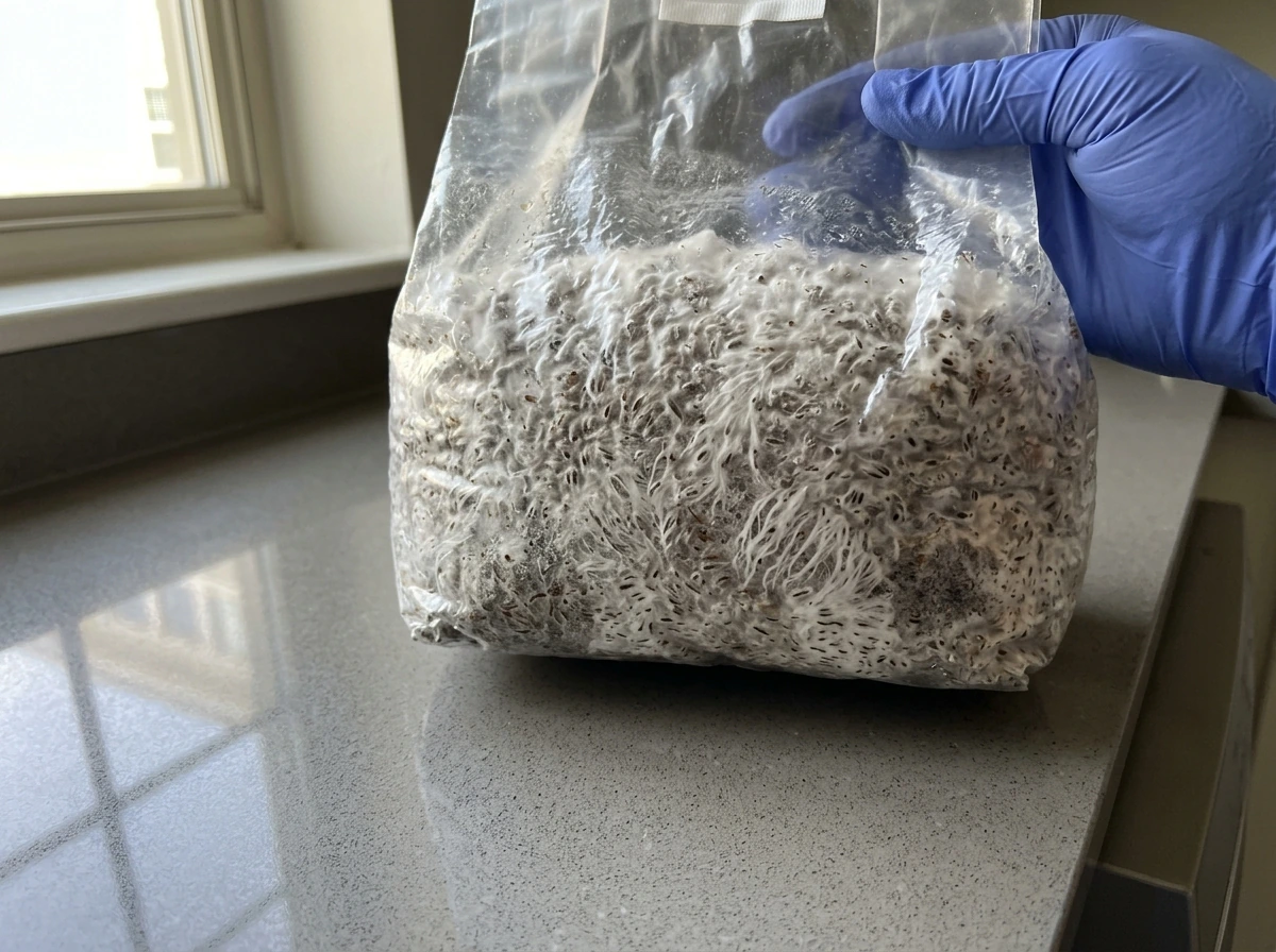Fully colonized mushroom grow bag showing dense mycelium ready to transfer