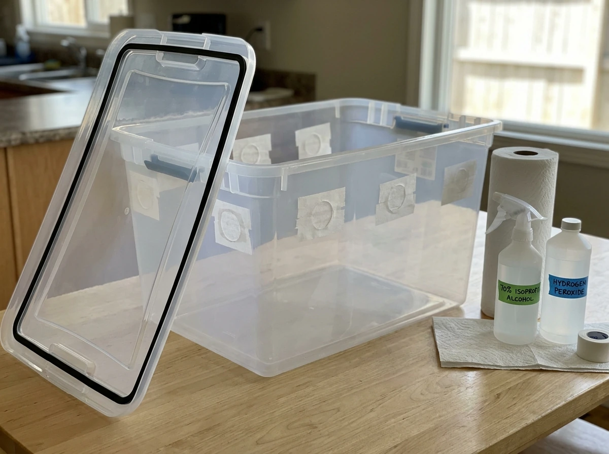 Monotub with fresh-air exchange holes prepared and covered before transfer