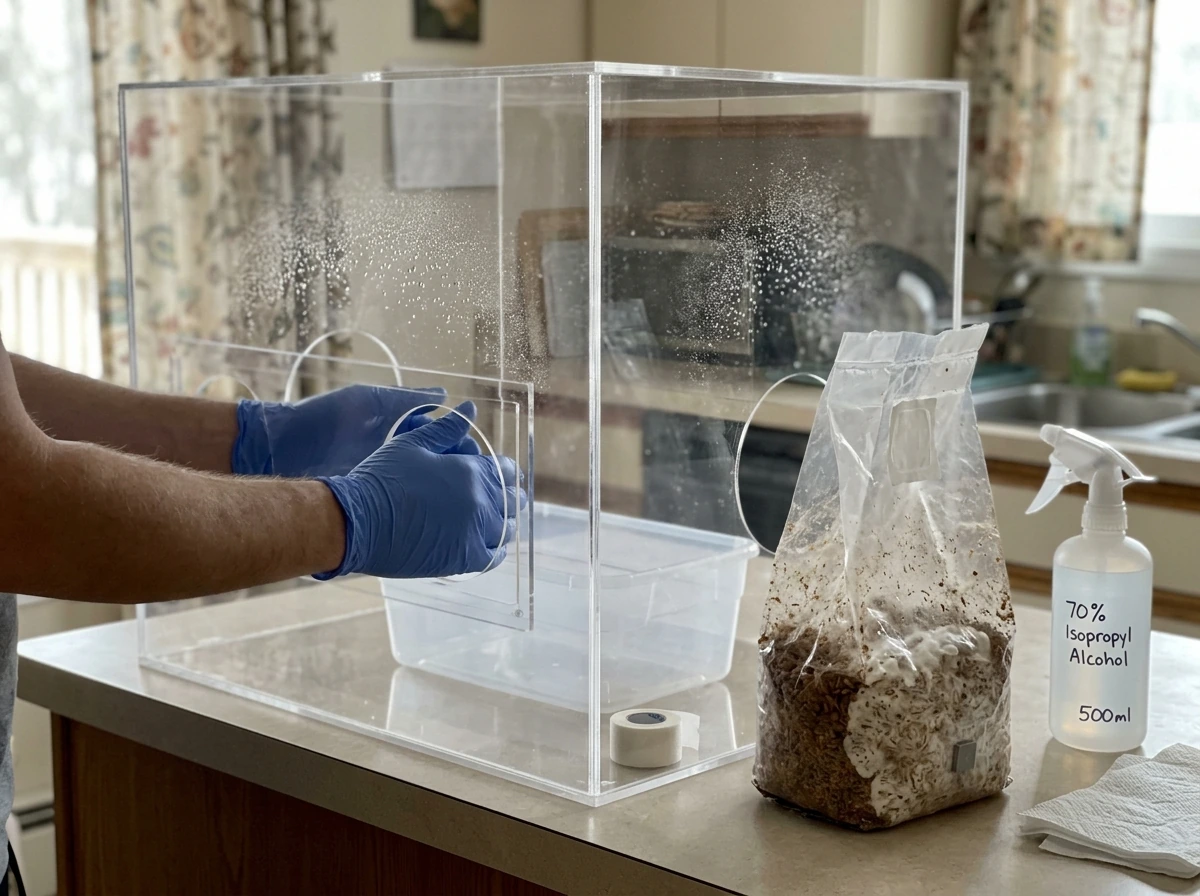 Gloves and sprayer prep inside a still air box for safe transfer