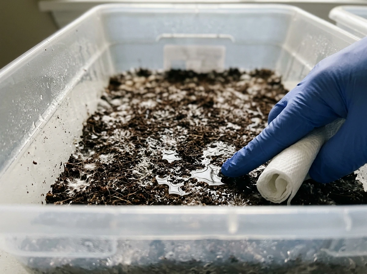 Pooling water on mushroom substrate surface indicating over-misting or too-wet transfer