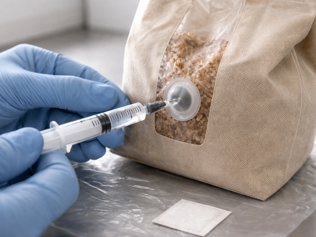 Gloved hands inject mushroom spores into a fabric grow bag with a sterile syringe in a clean prep area.