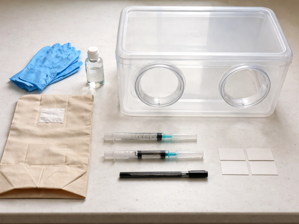 Overhead view of mushroom grow supplies: syringes, grow bag, gloves, alcohol, still-air box, labels and marker.