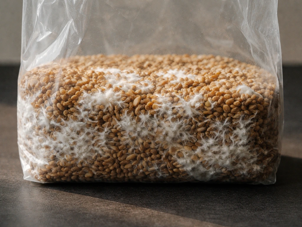 Close-up of a clear fabric grow bag showing early white mycelium spread on grain, minimal background.