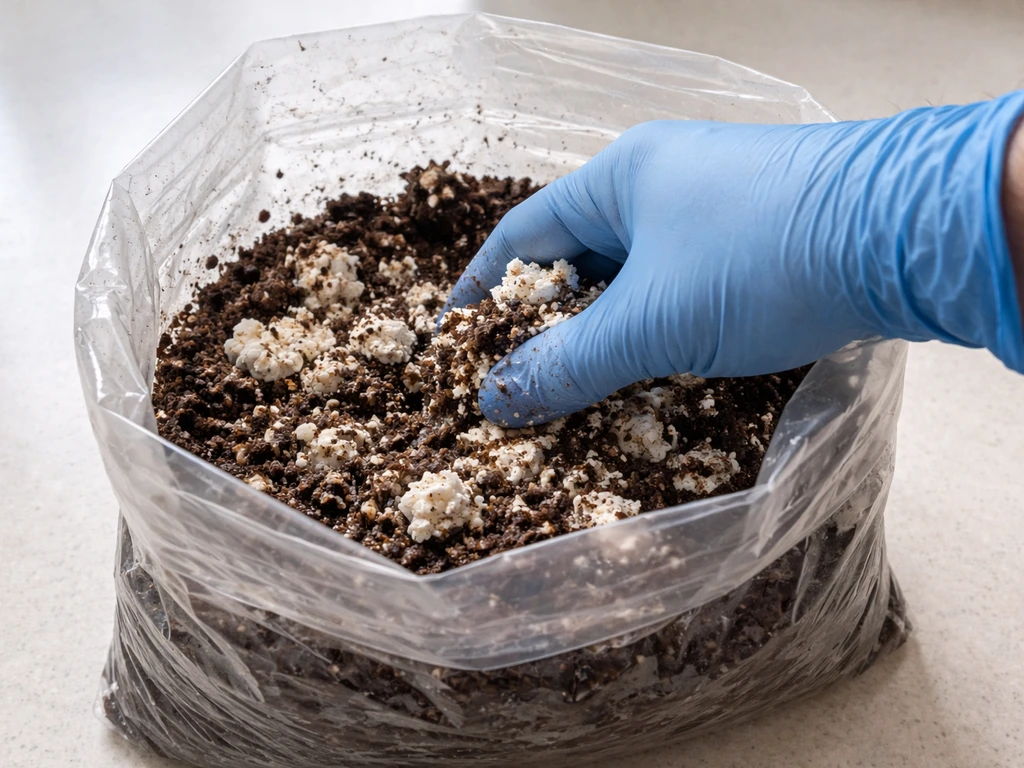 Gloved hand breaking and mixing fully white colonized material with bulk substrate inside an all-in-one grow bag.