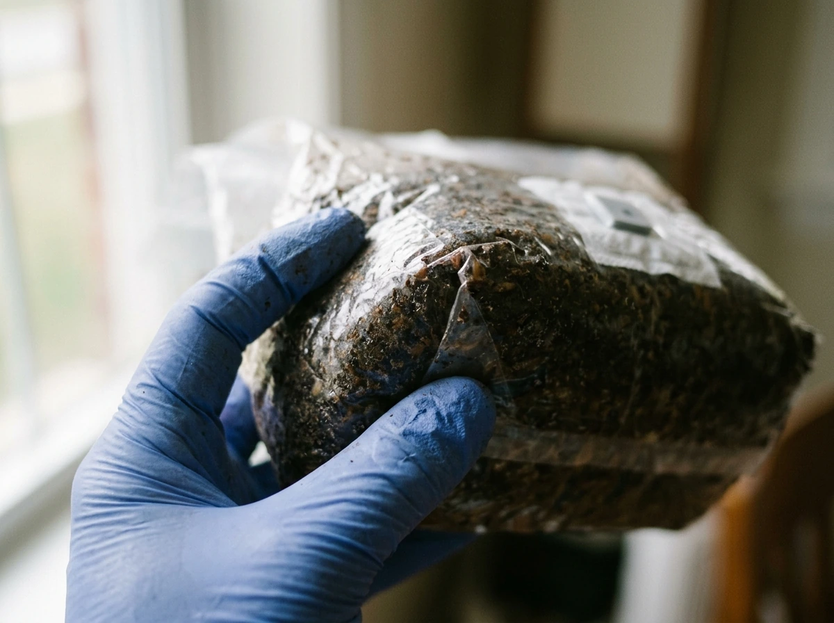 Fresh hydrated all-in-one bag substrate looks firm and slightly dense, not crumbly or dry.