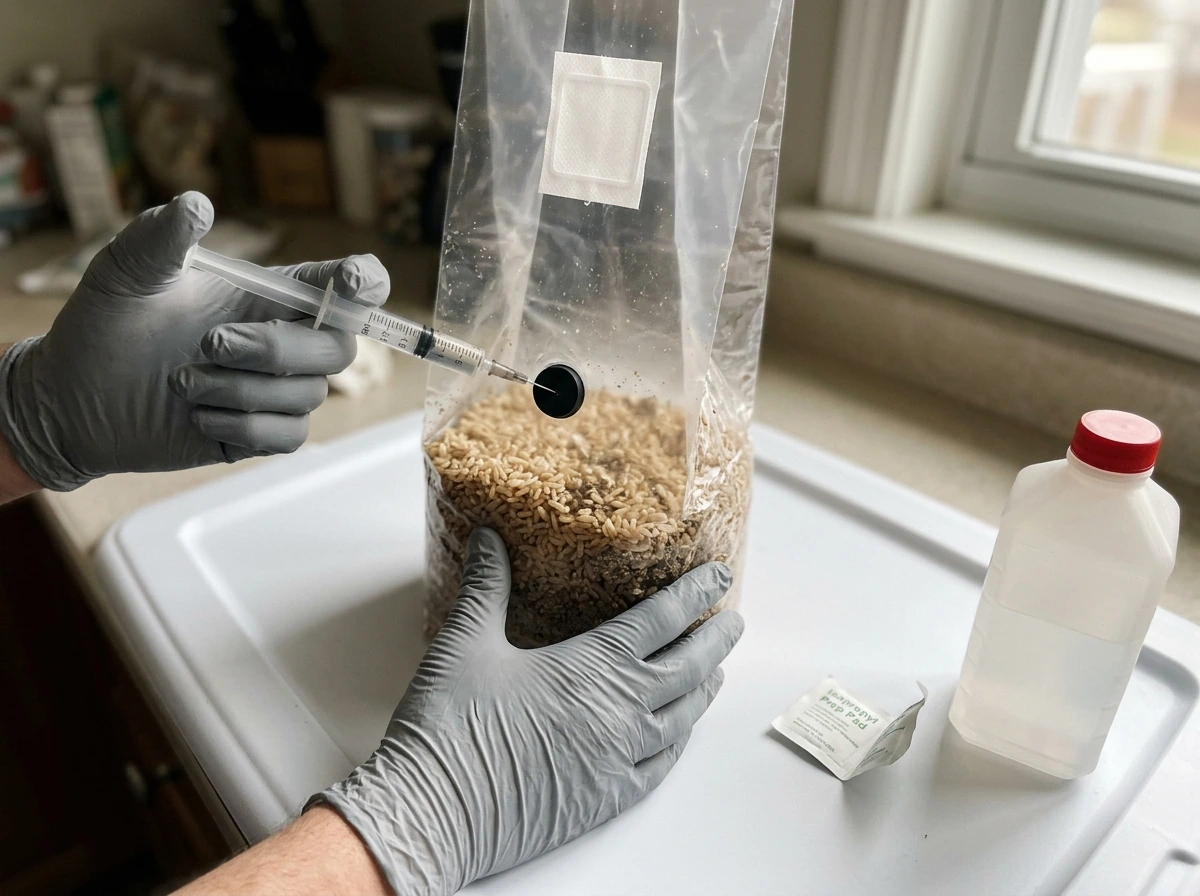 Syringe inoculation through the self-healing injection port on a sealed all-in-one mushroom grow bag.