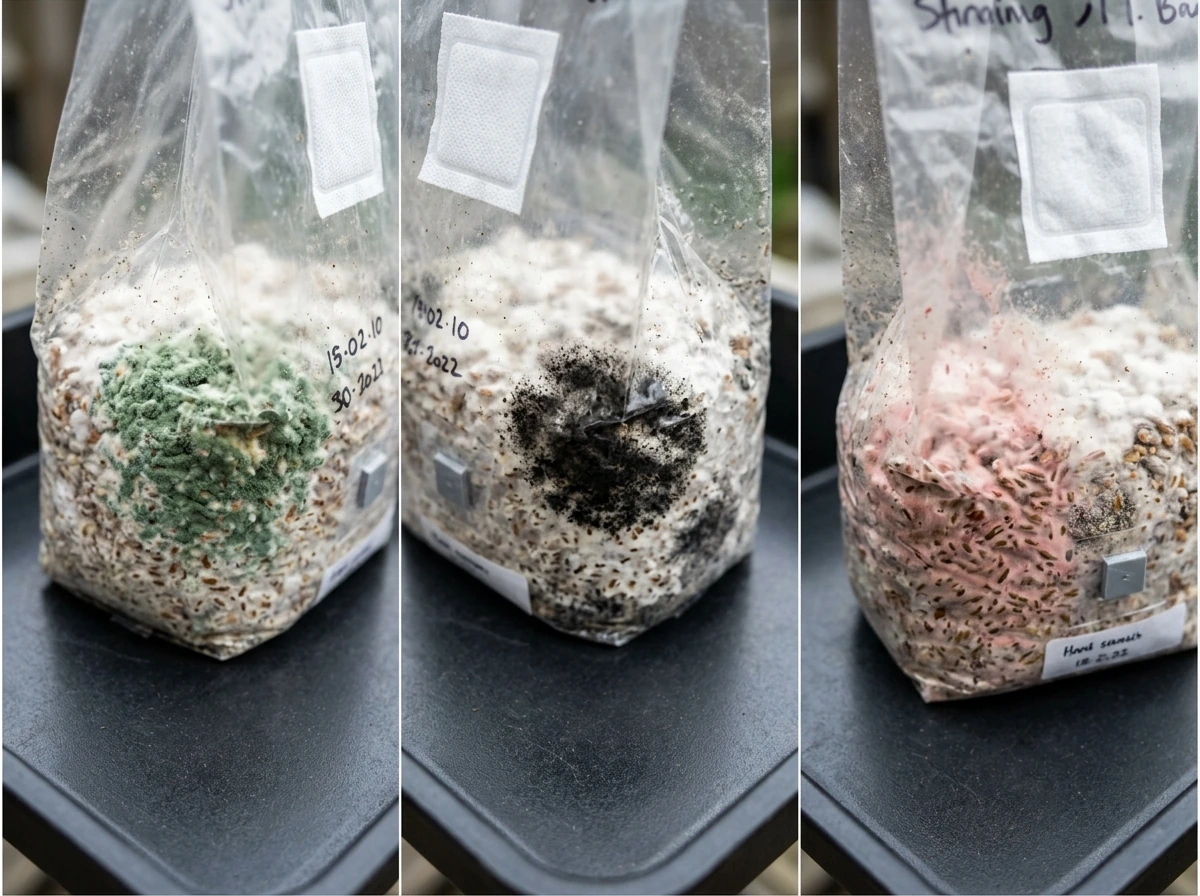 Examples of contamination on an all-in-one bag: green, black, and pink patches.