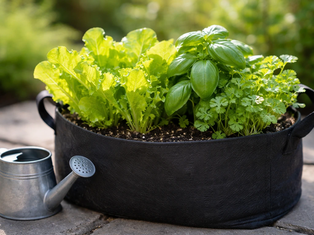 Crisp lettuce and basil growing in a home grow bag with a small watering can nearby.