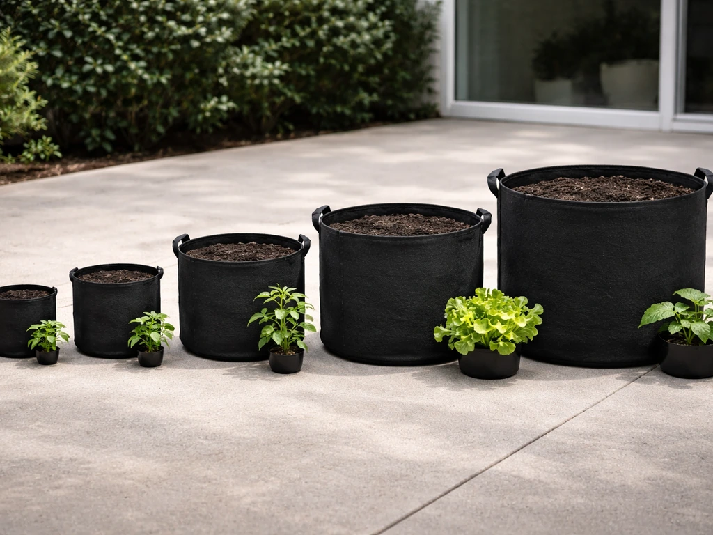 Grow bags in different sizes arranged neatly with assorted soil and a small plant, minimal gardening scene.
