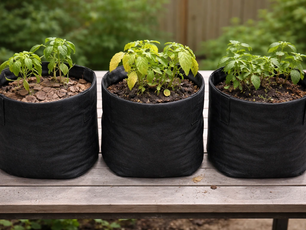 Three side-by-side grow bags showing dry soil, yellow leaves, and aphid damage for problem comparison.