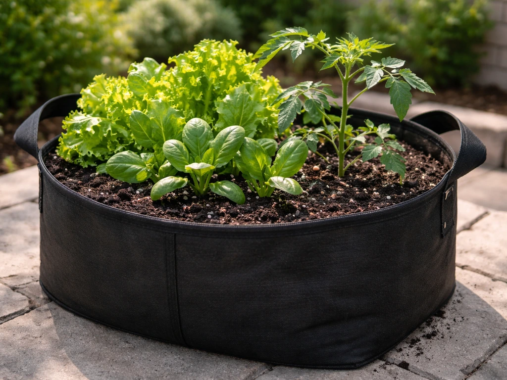 Outdoor grow bag with healthy leafy vegetable plants in clean potting mix on a simple garden patio.
