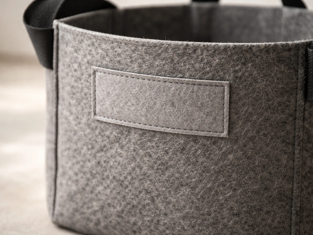 Close-up of a nonwoven grow bag fabric texture with a small fabric label inset, showing weave details.