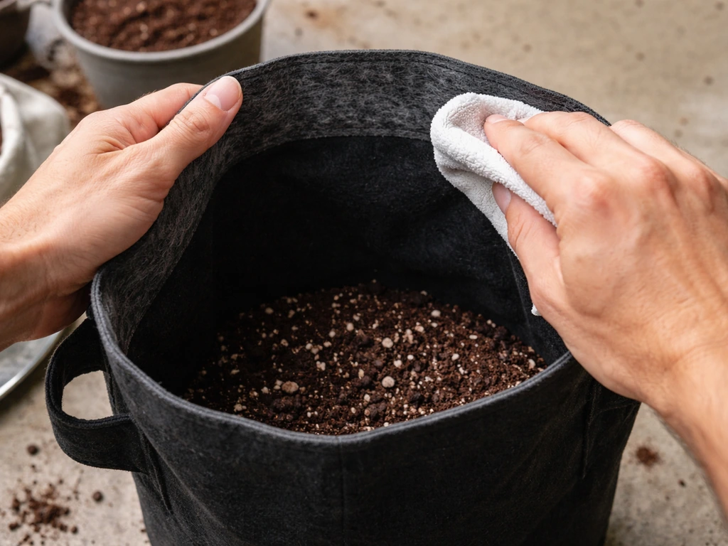 Person inspecting and wiping the inside of a grow bag before adding soil to prepare it cleanly.