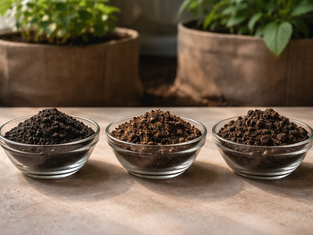 Three small scoops of grow-bag soil in identical containers: potting mix, compost, and garden soil.