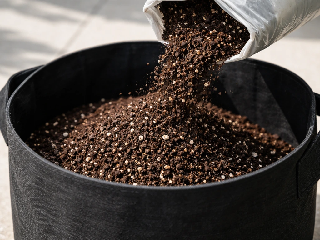 Close-up of premium potting mix being poured into a grow bag with visible perlite specks.